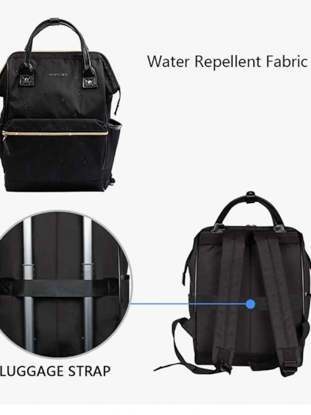 Women's Black Backpack Tote with Gold Zipper - Classic Carryall Tech Friendly